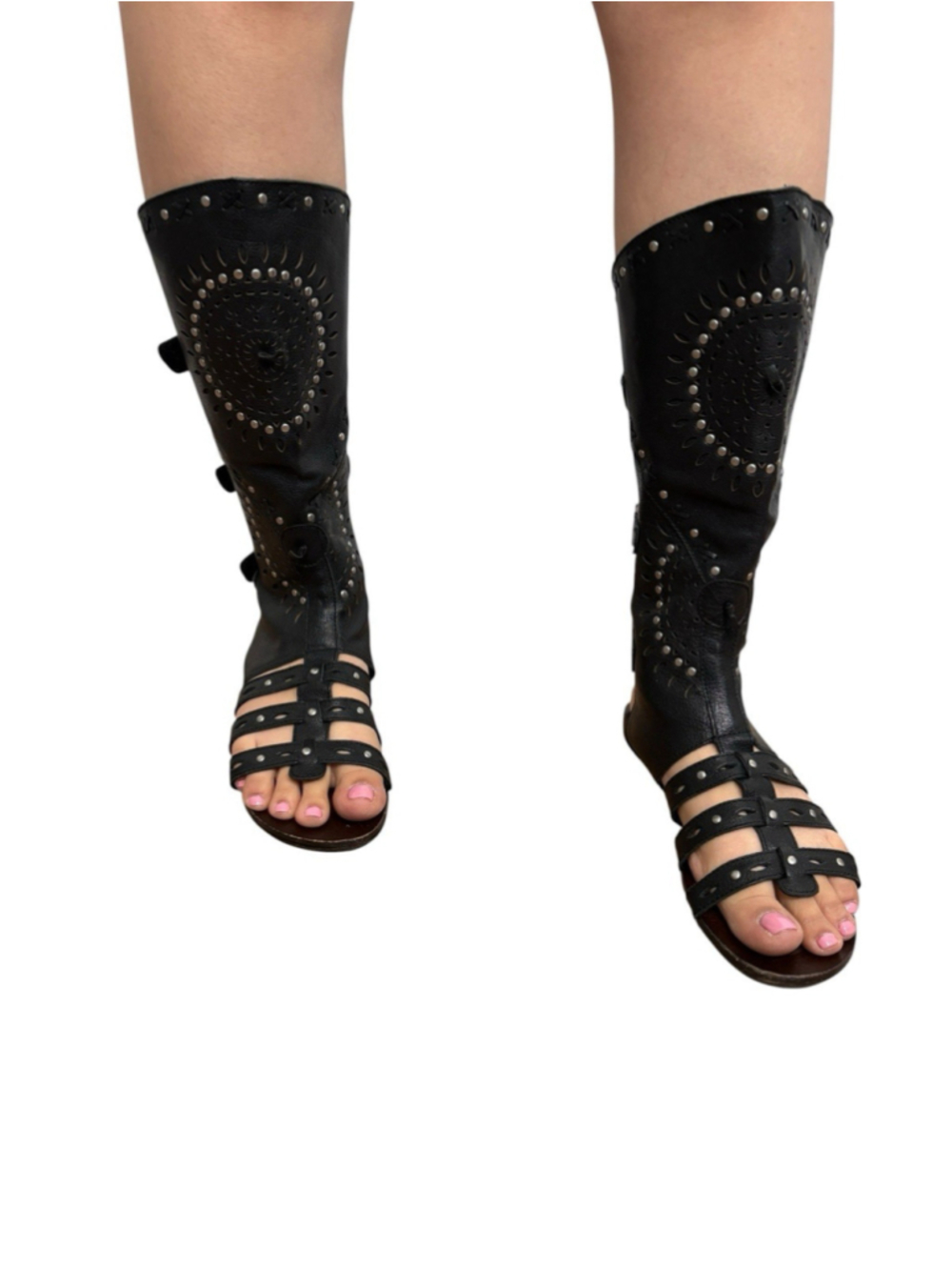 ASH Black Leather Cutout Gladiator Sandals Knee High Flat Sandals US 7 Rare - Picture 2 of 11